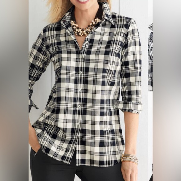 Talbots Small Black White Plaid Metallic Cotton Button Shirt Women NEW. 206 - Picture 1 of 4